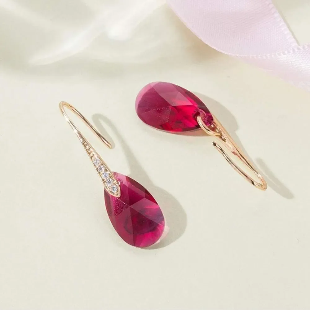 14K Yellow Gold with Fuchsia Pink Austrian Crystal Teardrop Drop Hook Earrings